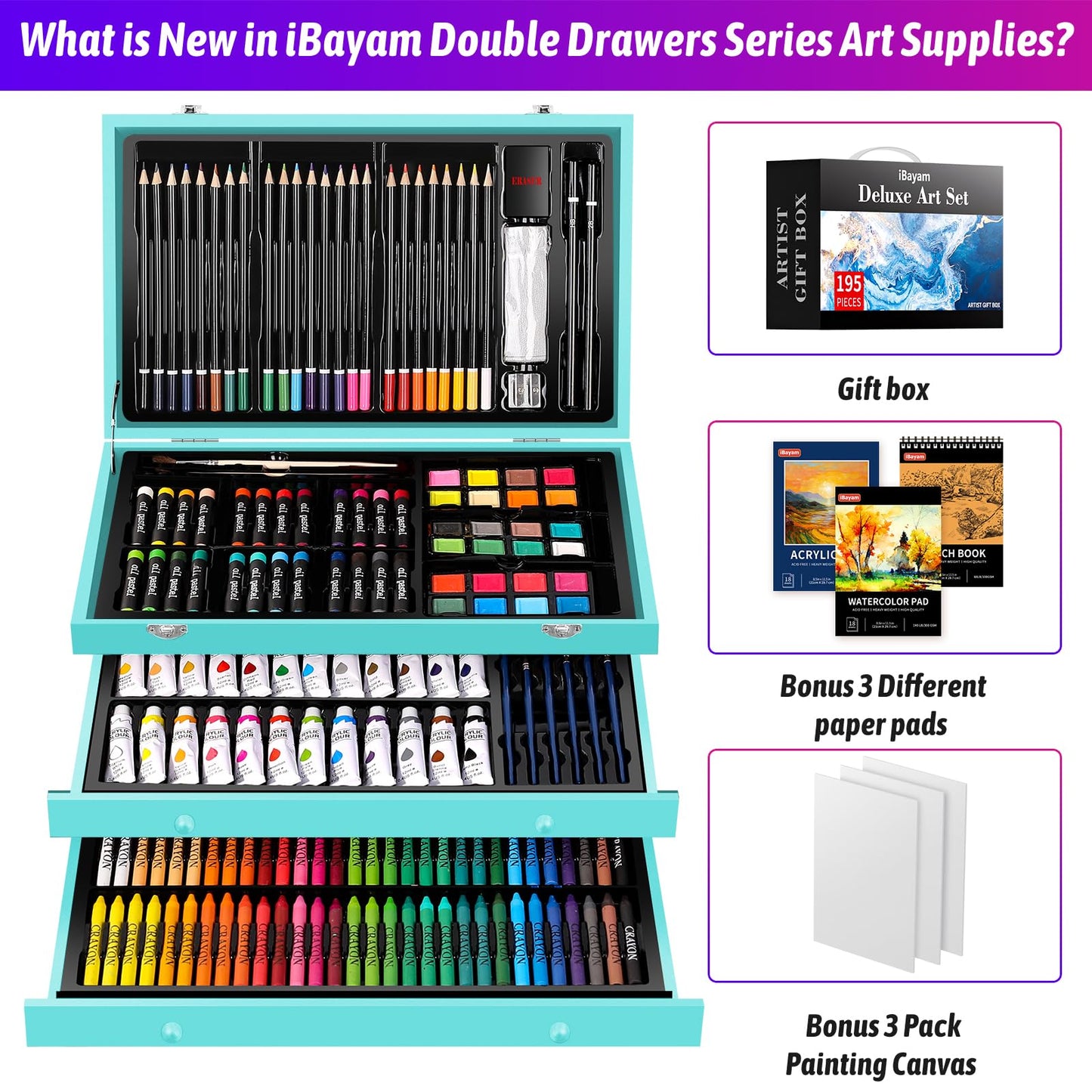 iBayam Deluxe Art Set, 195-Pack Artist Gift Box, Arts and Crafts Drawing Painting Kit Art Supplies for Adults Kids, Art Kits Paint Set with 24 Acrylic Paint, Sketchbook, Canvases, Crayons, Pencils