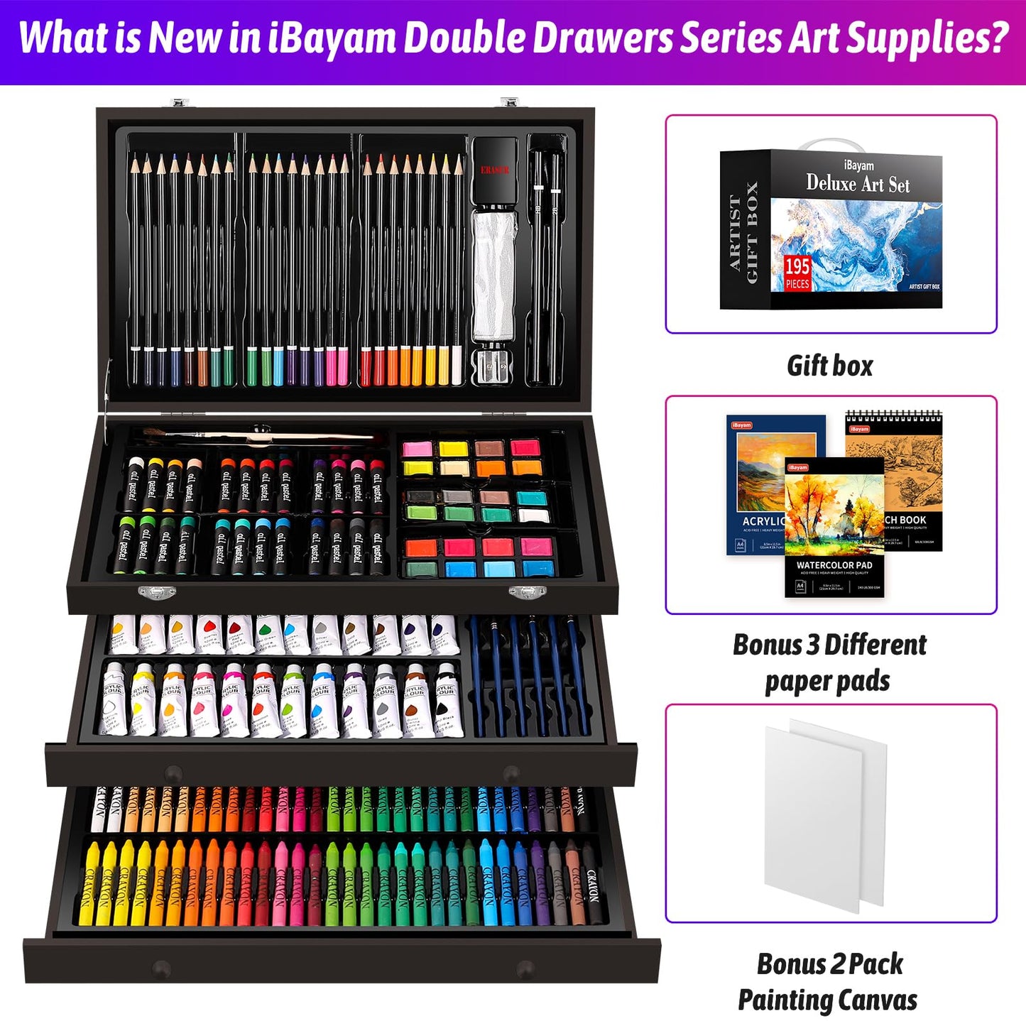 iBayam Deluxe Art Set, 195-Pack Artist Gift Box, Arts and Crafts Drawing Painting Kit Art Supplies for Adults Kids, Art Kits Paint Set with 24 Acrylic Paint, Sketchbook, Canvases, Crayons, Pencils