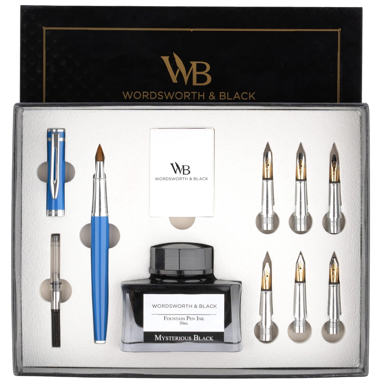 Wordsworth & Black Calligraphy Pen Gift Set, Includes Ink Bottle, 6 Ink Cartridges, Ink Refill Converter, 6 Replacement Nibs, Premium Package, Journaling, Smooth Writing Pens [Black Gold]