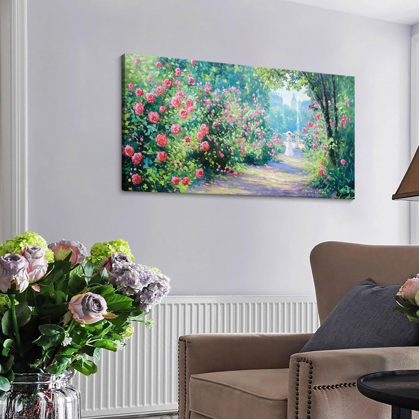 CHATYOUNG Canvas Wall Art Living Room, Blooming Red Roses Manor Landscape Wall Painting Monet Wall Art Green Picture Ready to Hang Bedroom Bathroom Kitchen Home Decor Gifts for Women 20x40 In