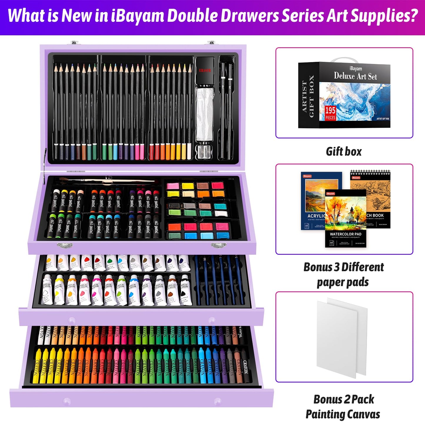 iBayam Deluxe Art Set, 195-Pack Artist Gift Box, Arts and Crafts Drawing Painting Kit Art Supplies for Adults Kids, Art Kits Paint Set with 24 Acrylic Paint, Sketchbook, Canvases, Crayons, Pencils