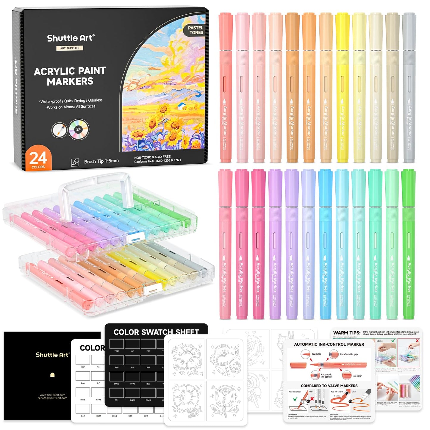 Shuttle Art Automatic Ink Control Acrylic Paint Markers, 60 Colors Brush Tip Acrylic Paint Pens for Rock Painting, Ceramic, Wood, Canvas, Glass, Stone, Fabric, Card Making, DIY & Art Supplies