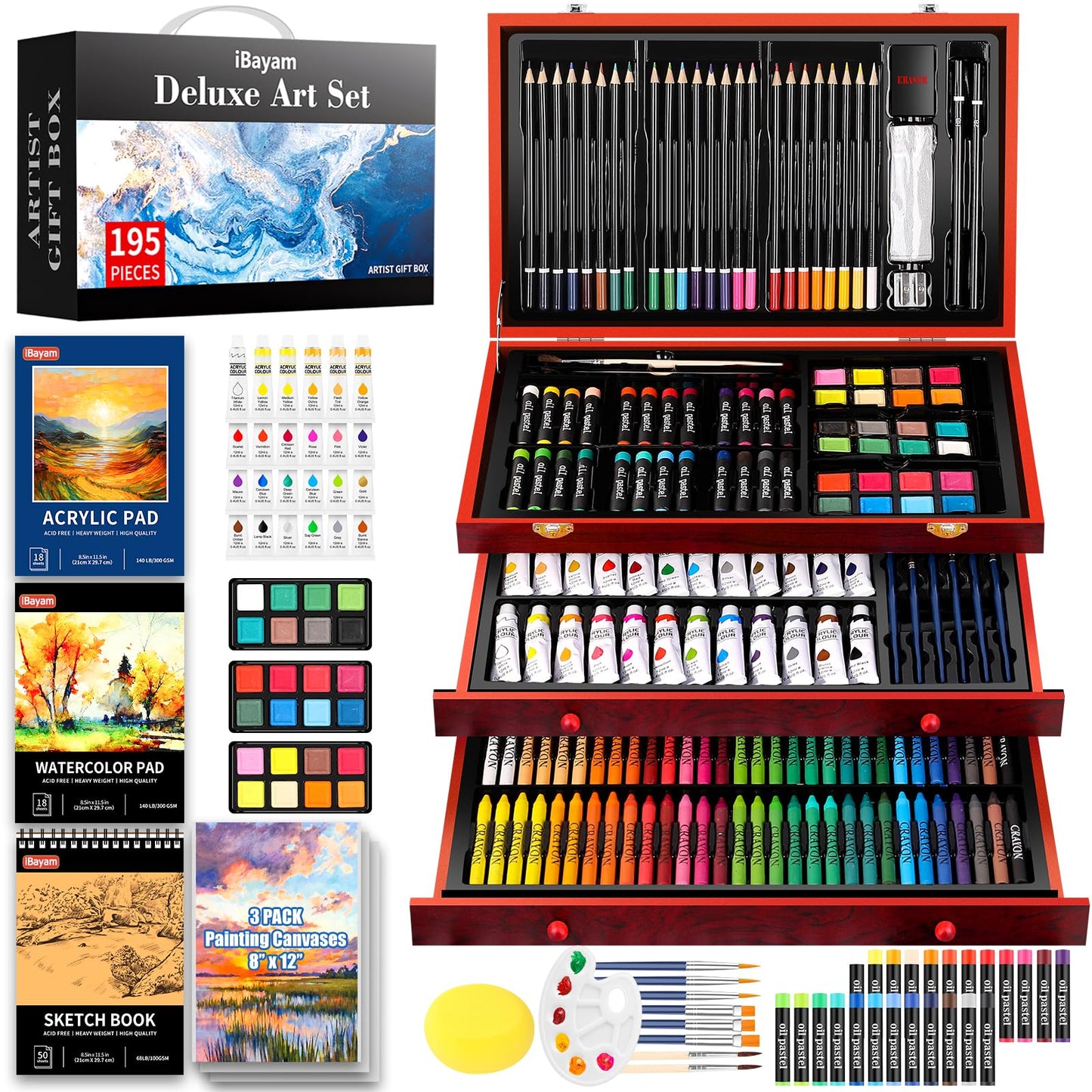 iBayam Deluxe Art Set, 195-Pack Artist Gift Box, Arts and Crafts Drawing Painting Kit Art Supplies for Adults Kids, Art Kits Paint Set with 24 Acrylic Paint, Sketchbook, Canvases, Crayons, Pencils