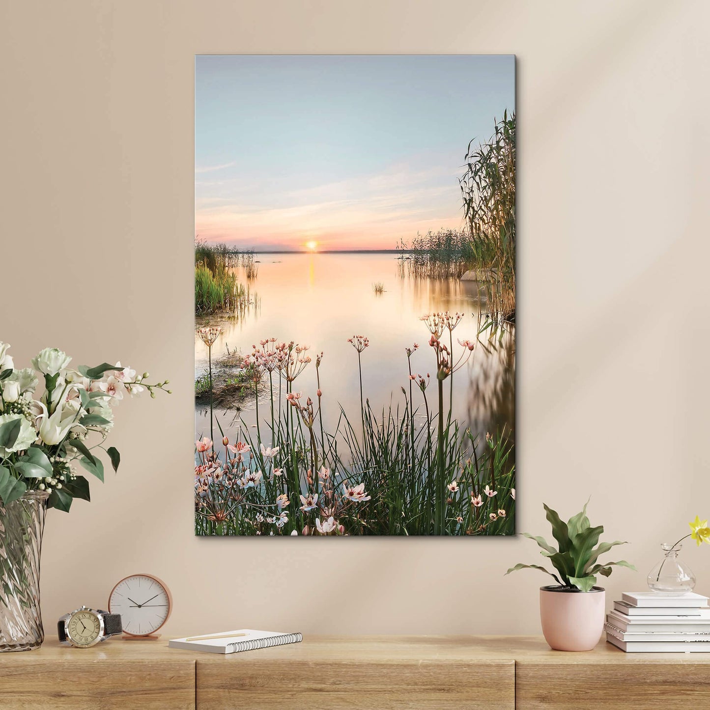 Lake Canvas Wall Art Picture: Sunset Landscape Painting Print Artwork Vertical Nature Scenery Decor for Living Room Bedroom