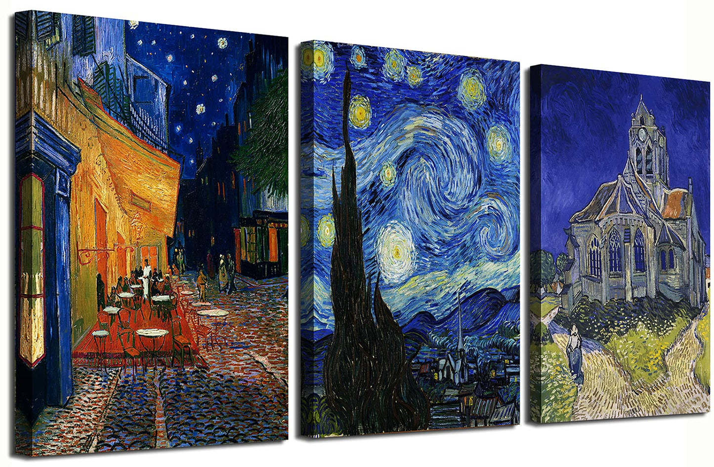 Vincent Van Gogh Canvas Wall Art Paintings, Famous Starry Night Picture Prints for Decor Classic Cafe Terrace At Night Artwork Reproduction Poster for Bedroom Living Room Office Decoration 12"x16"x3 Piece