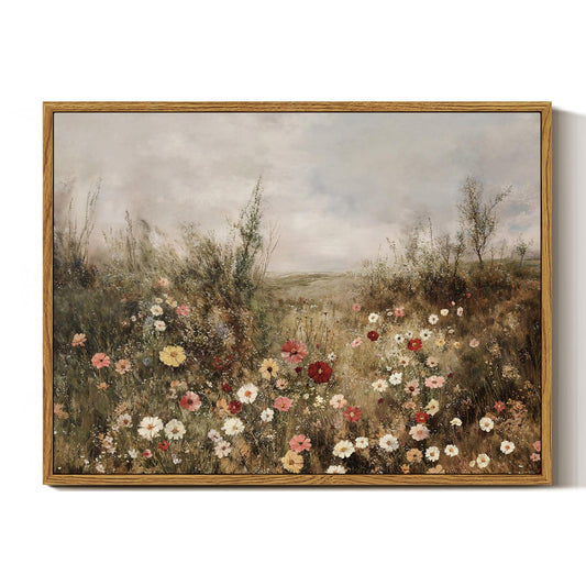 InSimSea Framed Canvas Prints Art Vintage Decor, Classical Wildflower Field Meadow with Flowers Painting, Rustic Landscape Wall Art for Living Room Bedroom Home Bathroom Wall Decor, 12x16inch