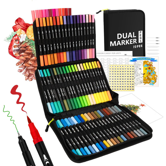 Markers for Adult Coloring Books, 72 Colors Art Markers Set Dual Tip Brush Pen, Coloring Markers Fine Point No Bleeding, Art Supplies for Calligraphy, Journaling, Sketching & Lettering with Case