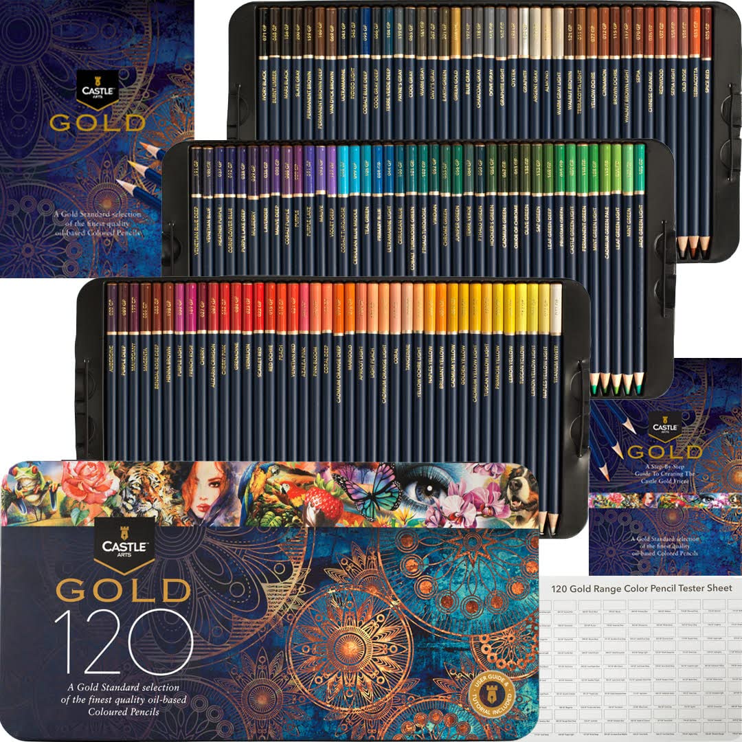 Castle Art Supplies Gold Standard 120 Colouring Pencils Set | Quality Oil-based Coloured Cores Stay Sharper, Tougher Against Breakage | For Adult Artists, Colourists | In Presentation Tin Box