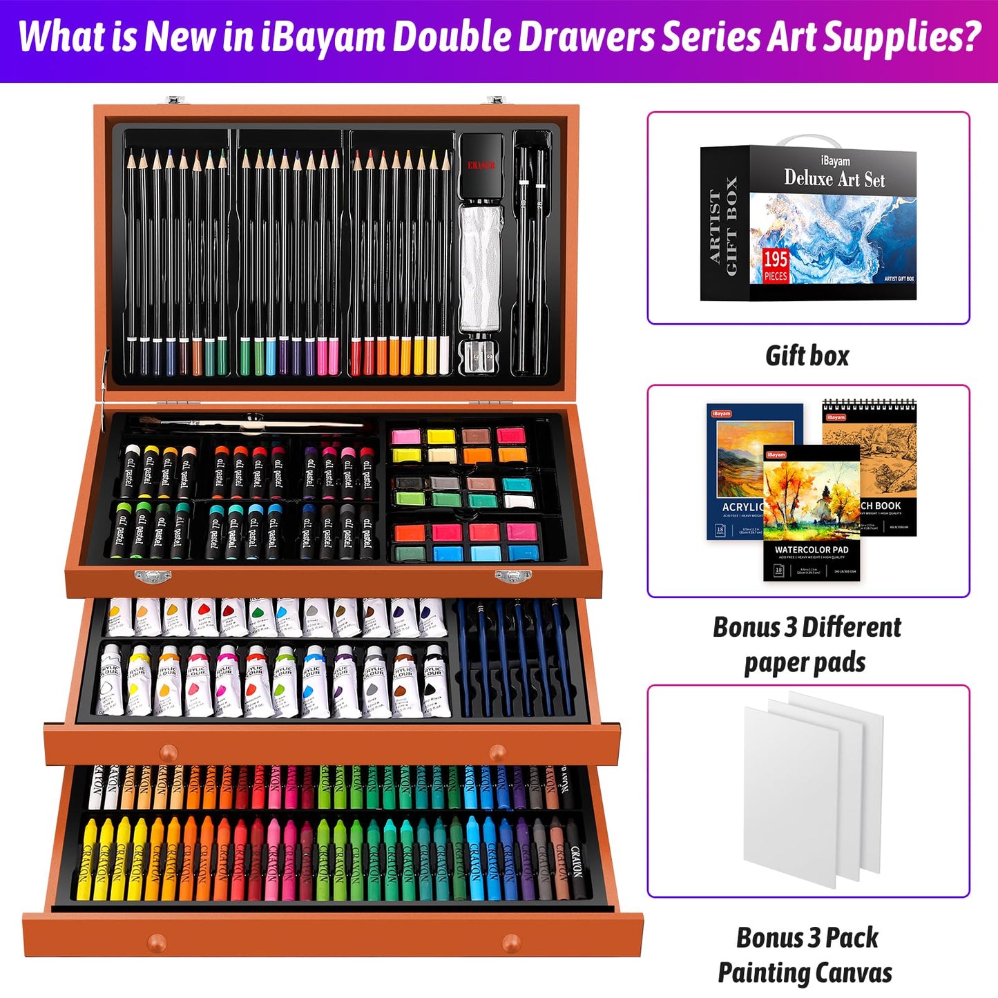 iBayam Deluxe Art Set, 195-Pack Artist Gift Box, Arts and Crafts Drawing Painting Kit Art Supplies for Adults Kids, Art Kits Paint Set with 24 Acrylic Paint, Sketchbook, Canvases, Crayons, Pencils