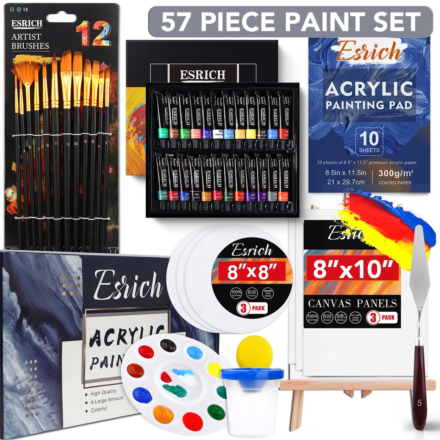 60PCS Acrylic Paint Set with Brushes, Canvases, Palette for Adults, Hobbyists, Beginners