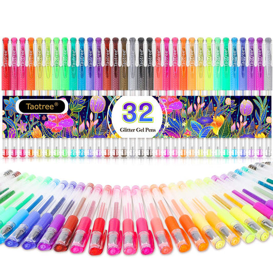 Taotree Glitter Gel Pens, 32 Color Neon Glitter Pens Fine Tip Art Markers Set 40% More Ink Colored Gel Pens for Coloring Book, Drawing, Doodling, Scrapbook, Journaling, Sparkle Pen Easter Gifts kids