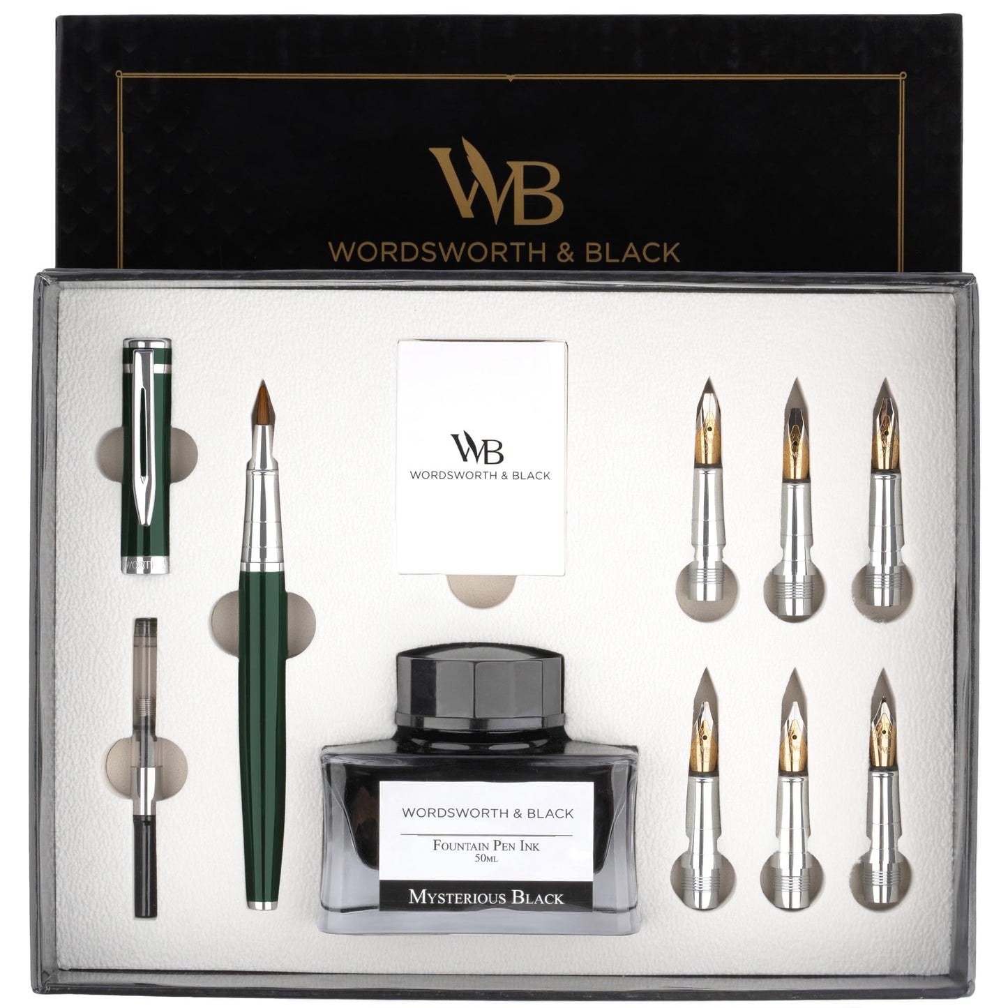 Wordsworth & Black Calligraphy Pen Gift Set, Includes Ink Bottle, 6 Ink Cartridges, Ink Refill Converter, 6 Replacement Nibs, Premium Package, Journaling, Smooth Writing Pens [Black Gold]