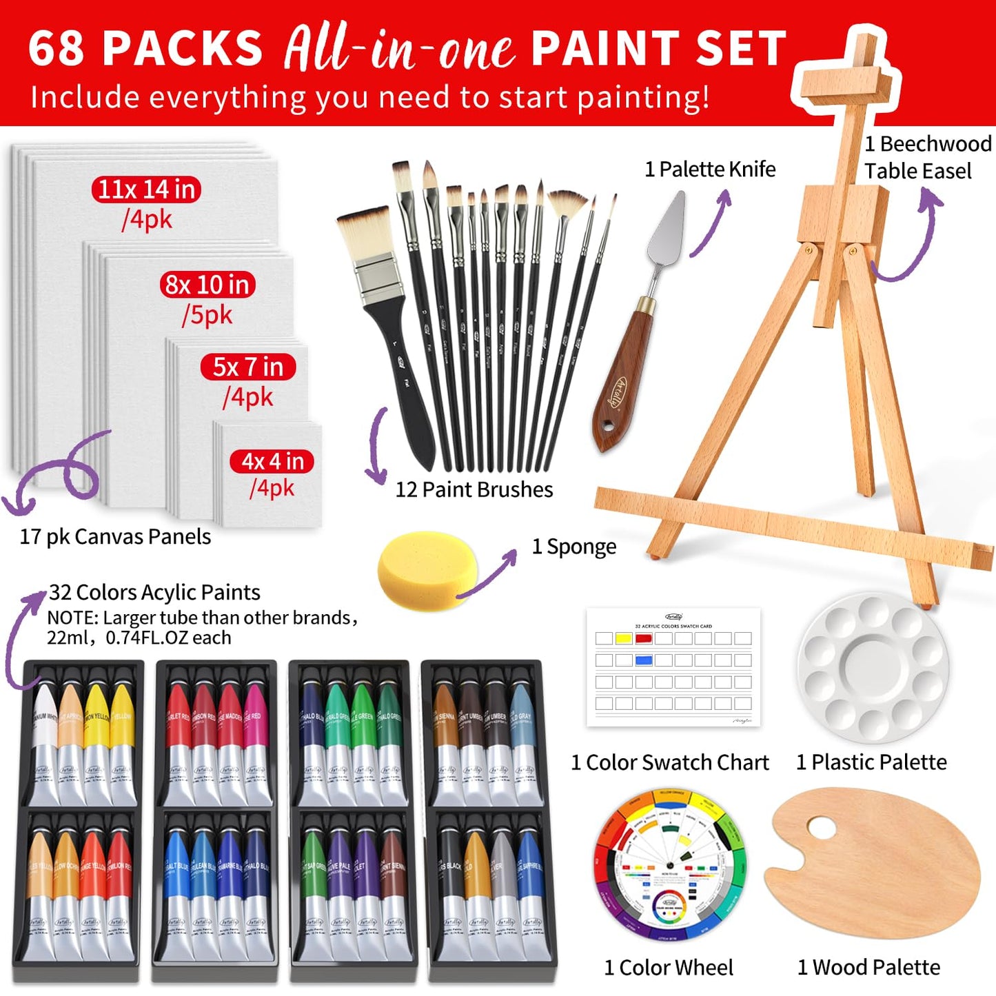 ARTALLY Acrylic Paint Set for Adults & Kids, 62 Pcs Canvas Painting Kits, 32 Colors Acrylic Paint (22ML),Table Easel,Brushes,Canvas, Art Painting Supplies Kit for Students,Artists,Beginners