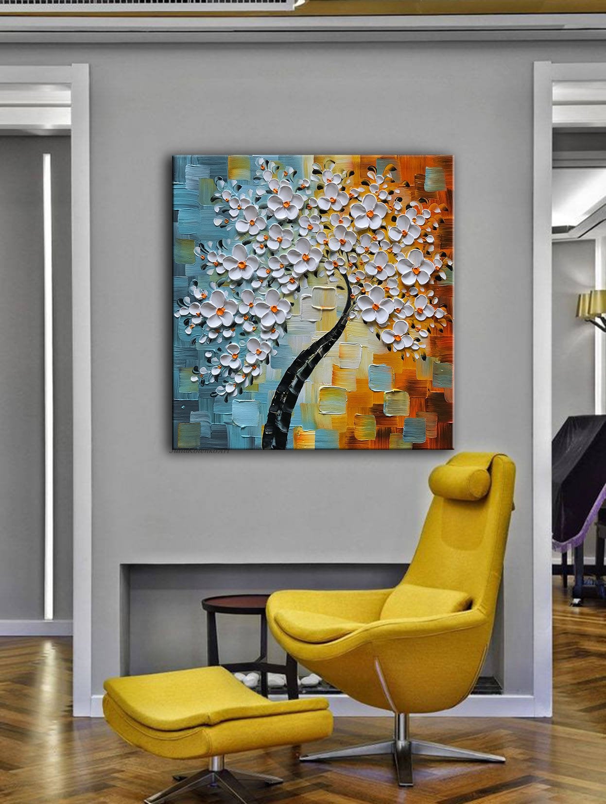 YaSheng Art - hand-painted Oil Painting On Canvas white Flowers Paintings Modern Home Interior Decor Wall Art for living room Abstract Art picture Ready to hang 24x24inch