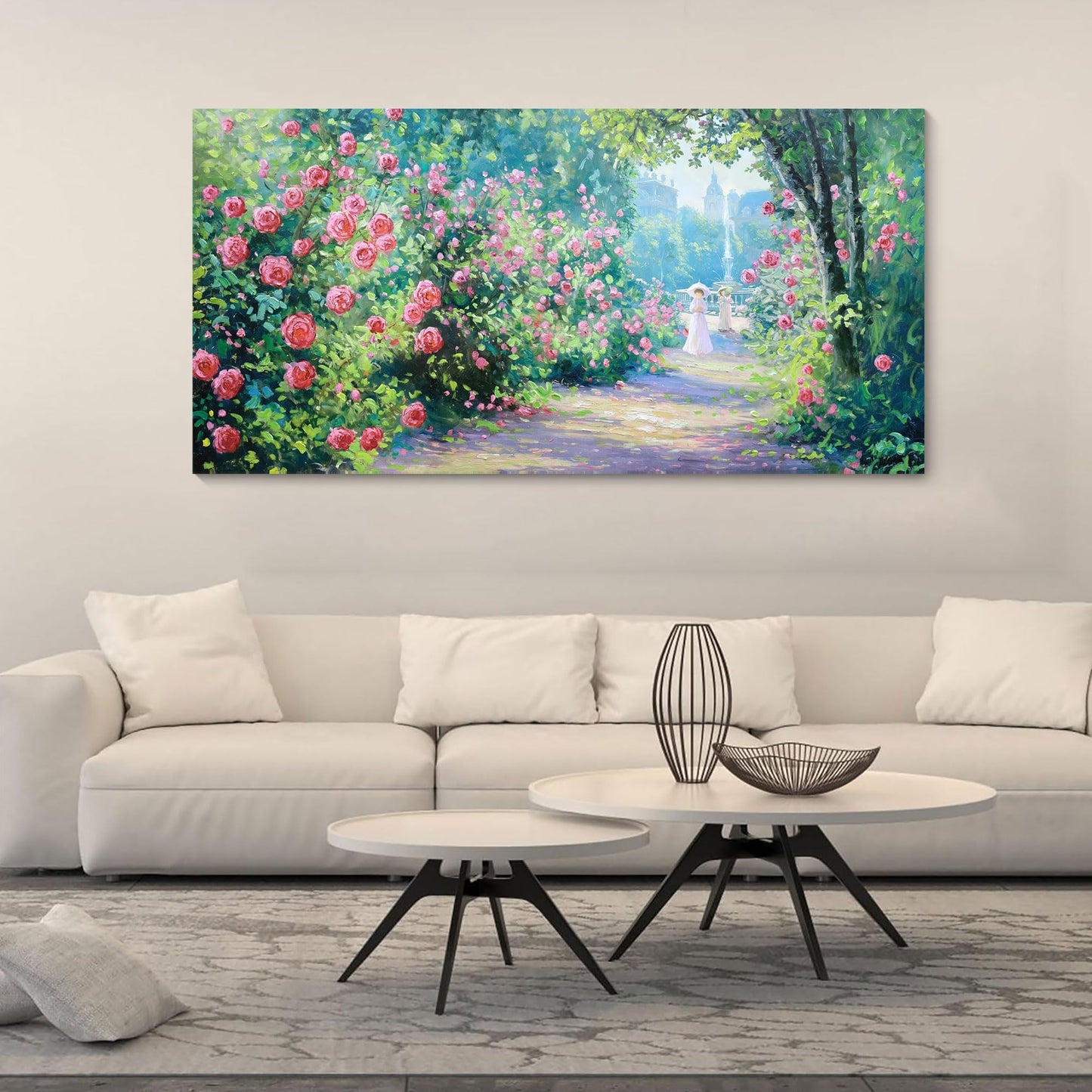 CHATYOUNG Canvas Wall Art Living Room, Blooming Red Roses Manor Landscape Wall Painting Monet Wall Art Green Picture Ready to Hang Bedroom Bathroom Kitchen Home Decor Gifts for Women 20x40 In