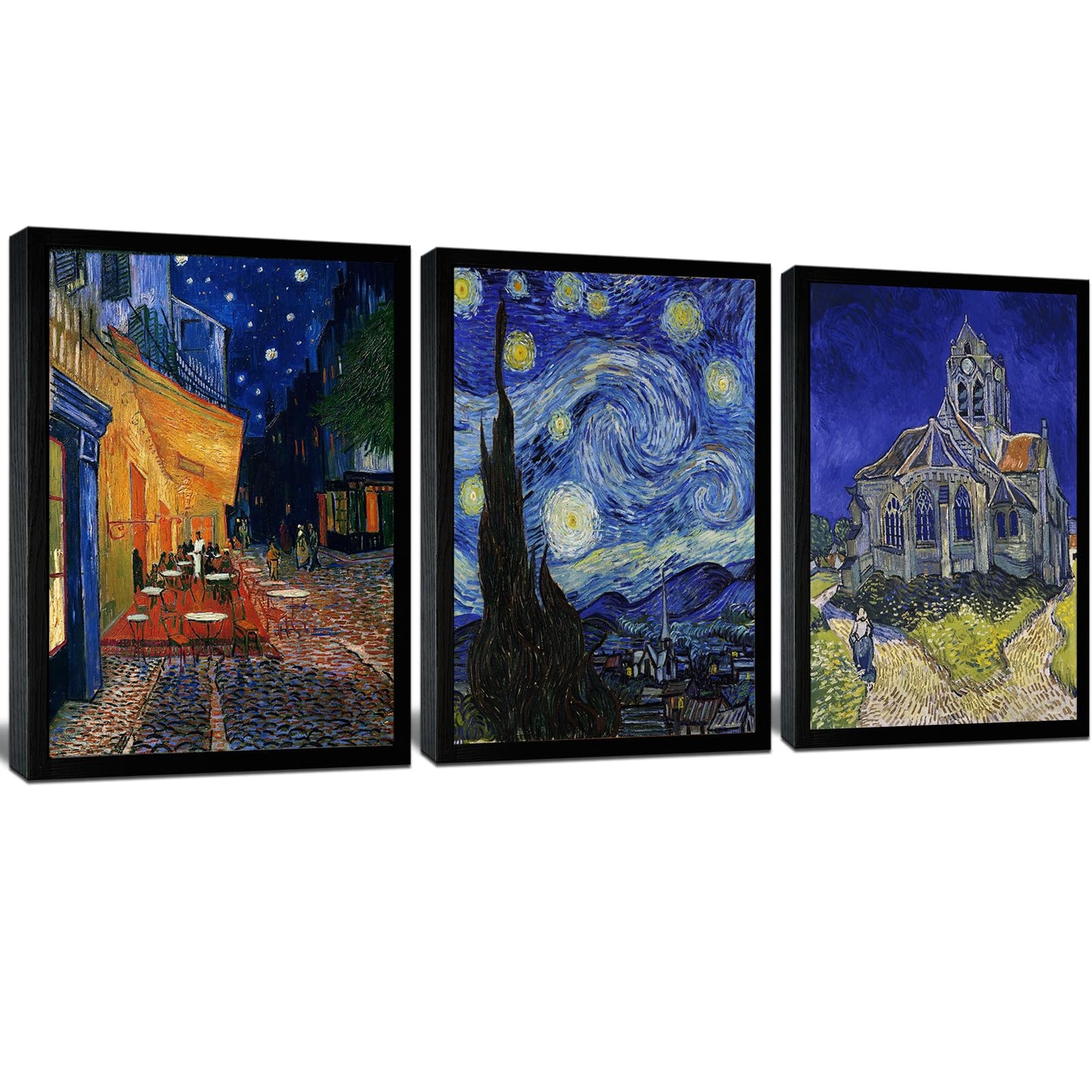 Vincent Van Gogh Canvas Wall Art Paintings, Famous Starry Night Picture Prints for Decor Classic Cafe Terrace At Night Artwork Reproduction Poster for Bedroom Living Room Office Decoration 12"x16"x3 Piece