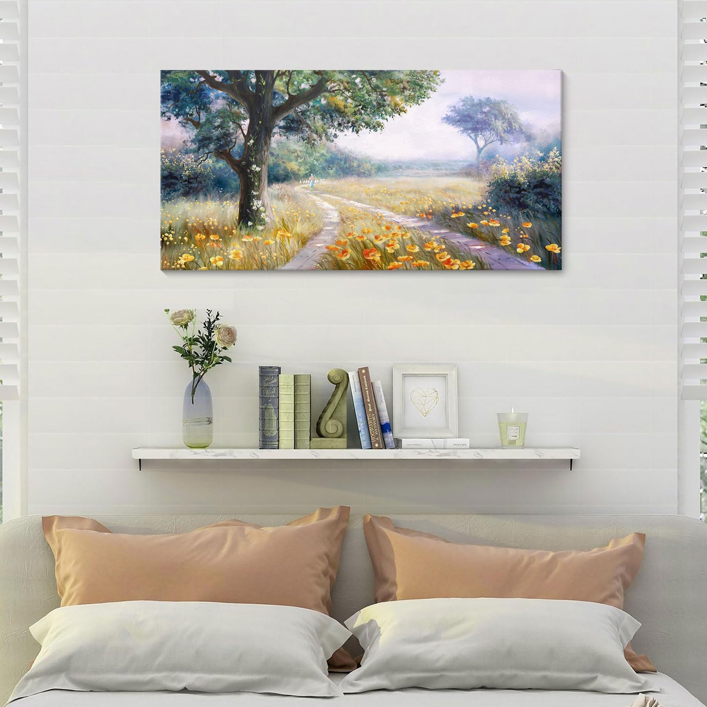 CHATYOUNG Canvas Wall Art Living Room, Blooming Red Roses Manor Landscape Wall Painting Monet Wall Art Green Picture Ready to Hang Bedroom Bathroom Kitchen Home Decor Gifts for Women 20x40 In