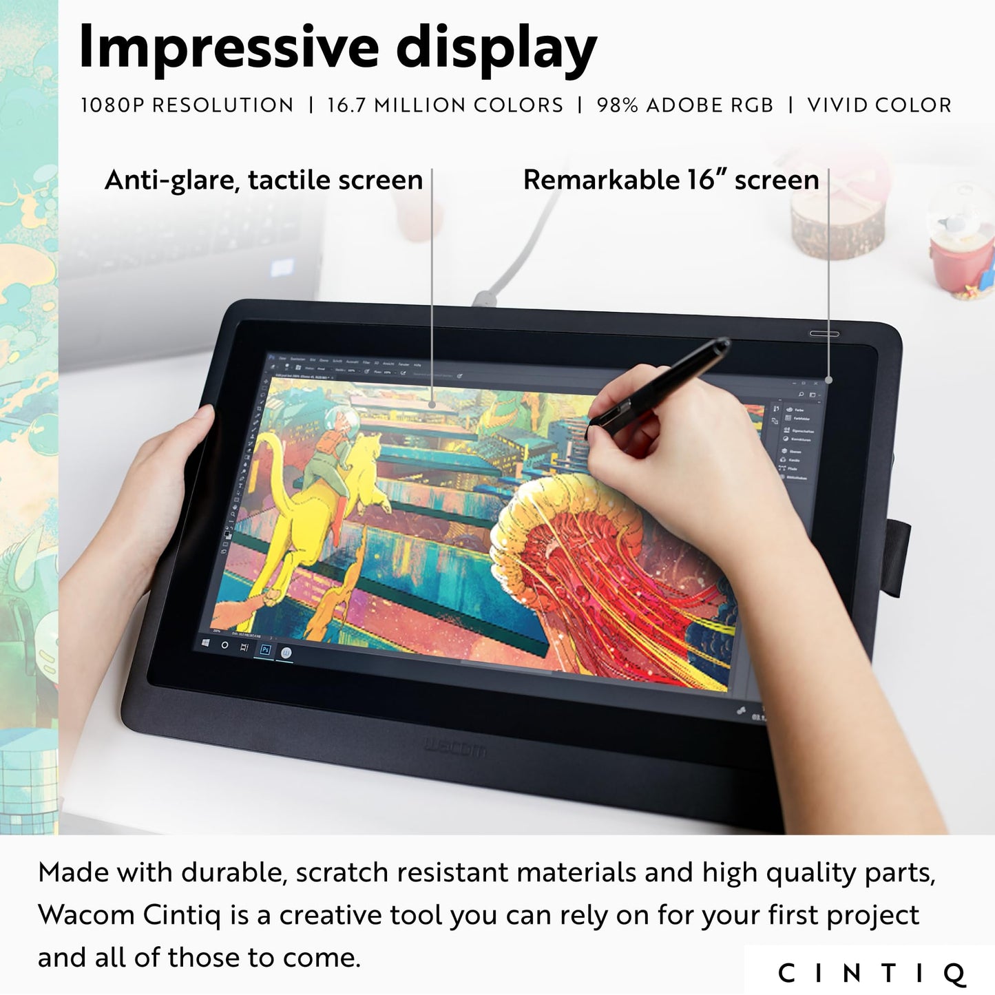 Wacom Cintiq 16 Drawing Tablet with Screen, 15.4" Full HD LCD Display Graphic Arts Tablet Includes Pro Pen 2 w/ Tilt Response, Graphic Design Animation Tablet for Mac, PC