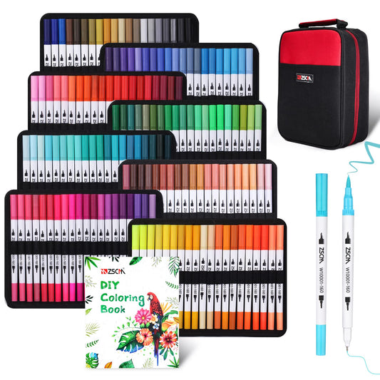 160 Colors Duo Tip Brush Markers, ZSCM Fine Brush Tip Colored Pens Set with Canvas Bag, Gifts for Women Adult Coloring Books Drawing Sketching Journaling Writing Calligraphy