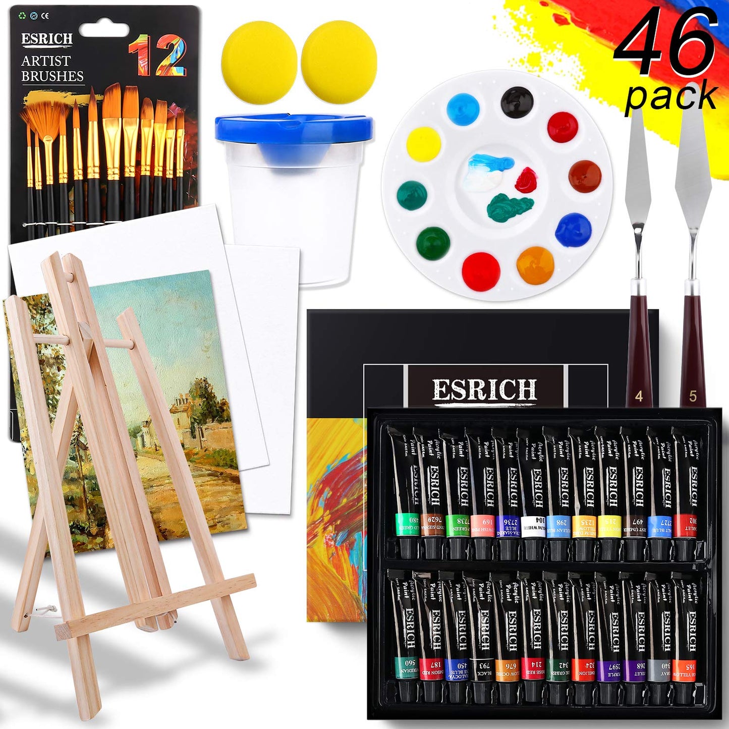 Acrylic Paint Set,74 PCS Professional Paint Supplies with Paint Brushes, Acrylic Paint,Table Easel, Canvases, Painting Pads, Palette, Paint Knives, Brush Cup and Art Sponge for Hobbyists and Beginners