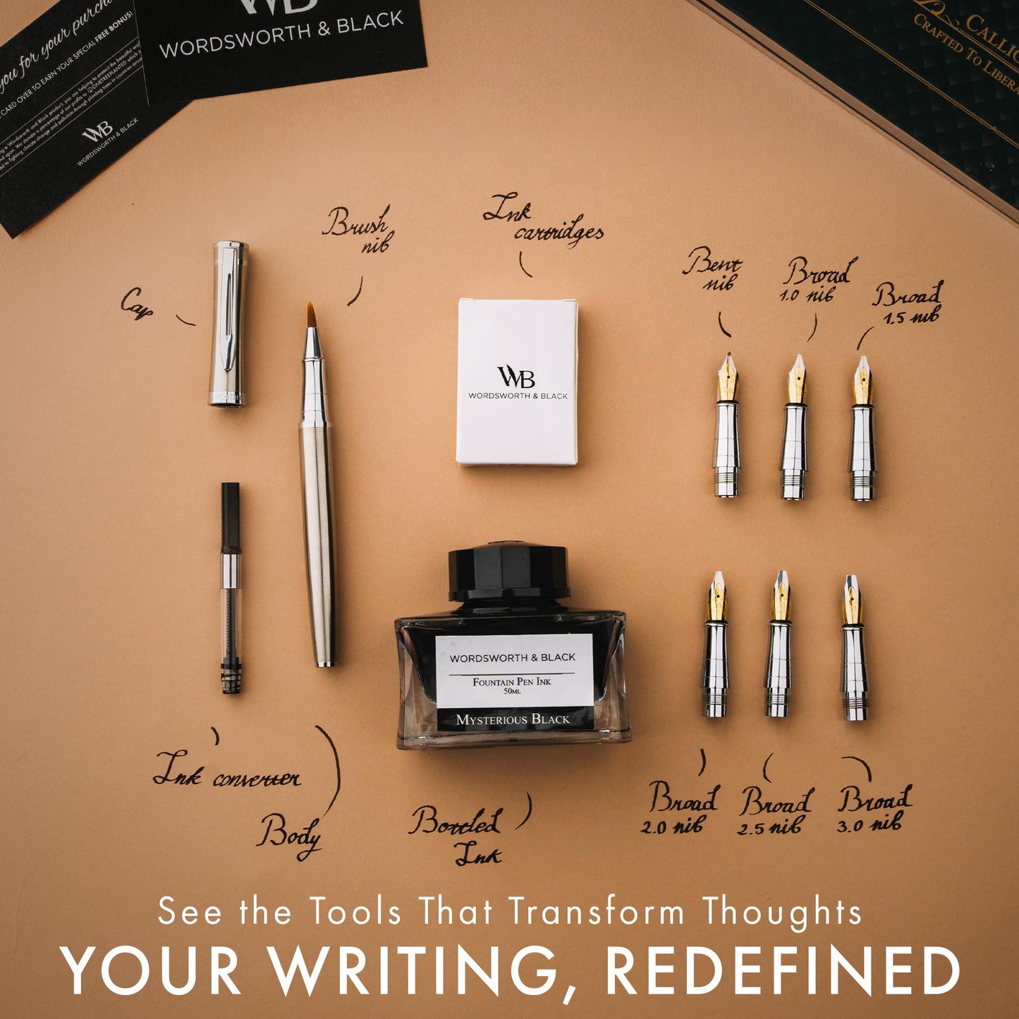 Wordsworth & Black Calligraphy Pen Gift Set, Includes Ink Bottle, 6 Ink Cartridges, Ink Refill Converter, 6 Replacement Nibs, Premium Package, Journaling, Smooth Writing Pens [Black Gold]