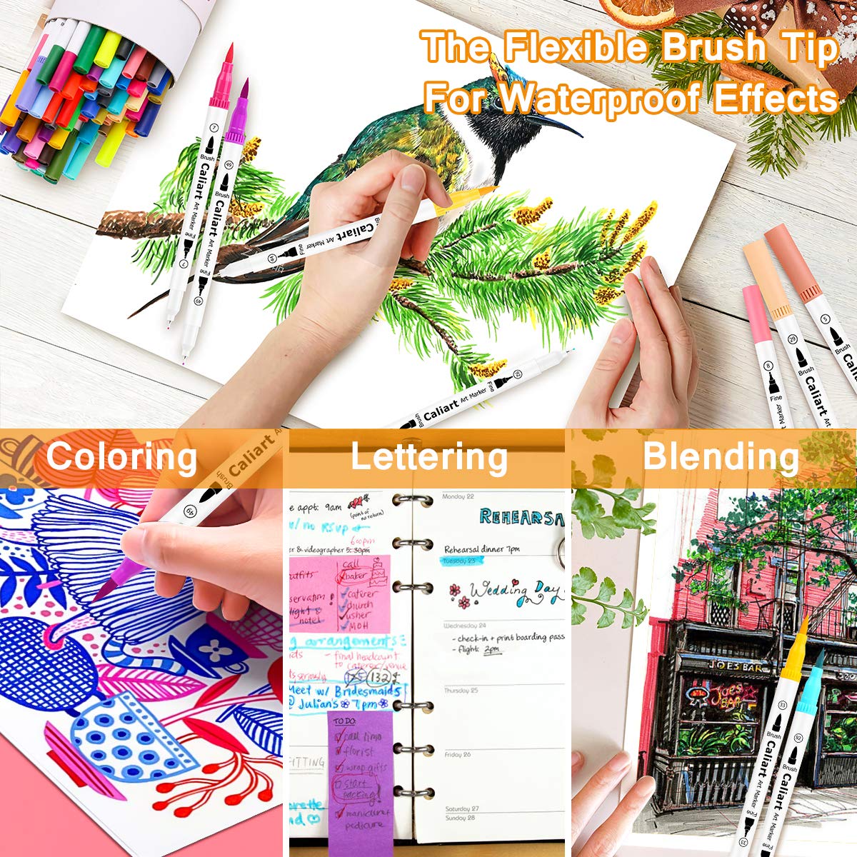 Caliart 34 Double Tip Brush Pens Art Markers, Aesthetic Cute Preppy Stuff School Supplies, Artist Fine & Brush Pen Coloring Markers for Kids Adult Book Cards Drawing Craft Kit Teacher Office Supplies