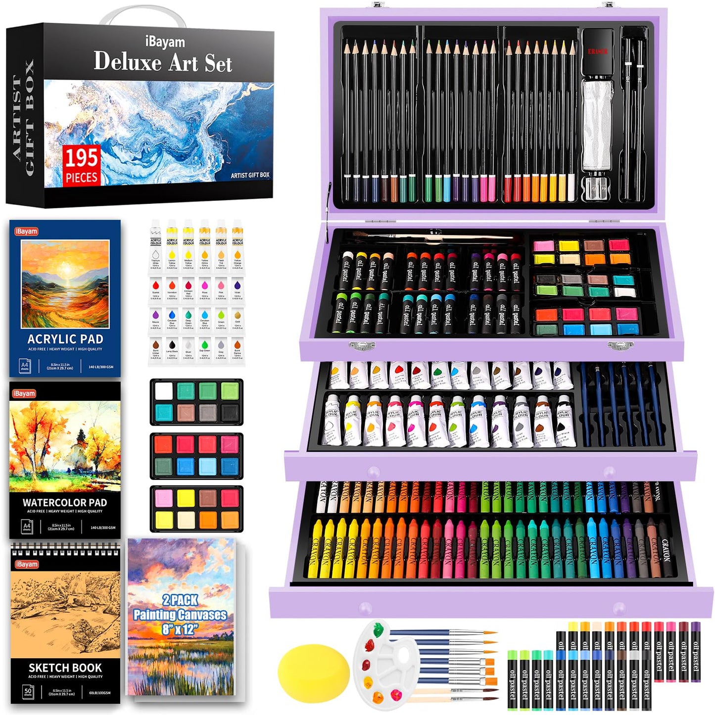 iBayam Deluxe Art Set, 195-Pack Artist Gift Box, Arts and Crafts Drawing Painting Kit Art Supplies for Adults Kids, Art Kits Paint Set with 24 Acrylic Paint, Sketchbook, Canvases, Crayons, Pencils