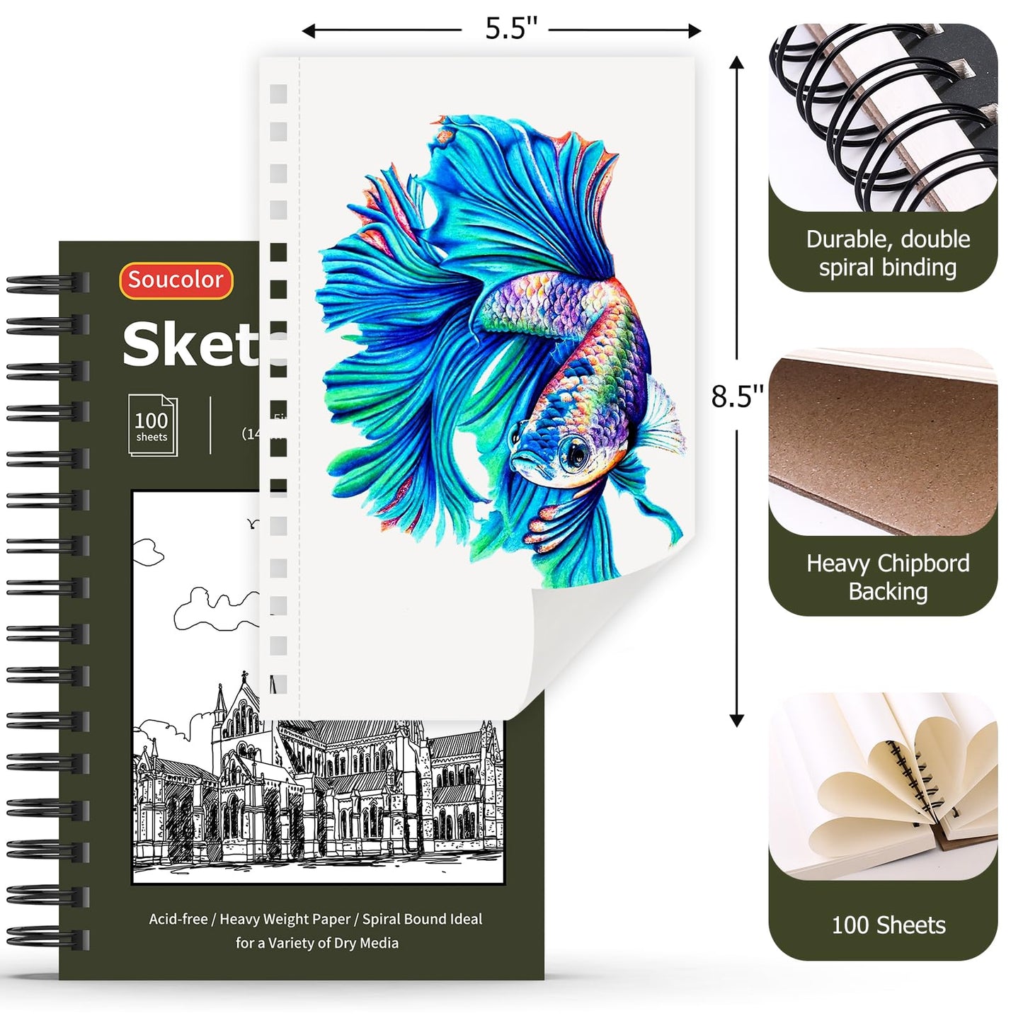 Soucolor 9" x 12" Sketch Book, 1-Pack 100 Sheets Spiral Bound Art Sketchbook, (68lb/100gsm) Acid Free Artist Drawing Book Paper Painting Sketching Pad for Kids Students Adults Beginners