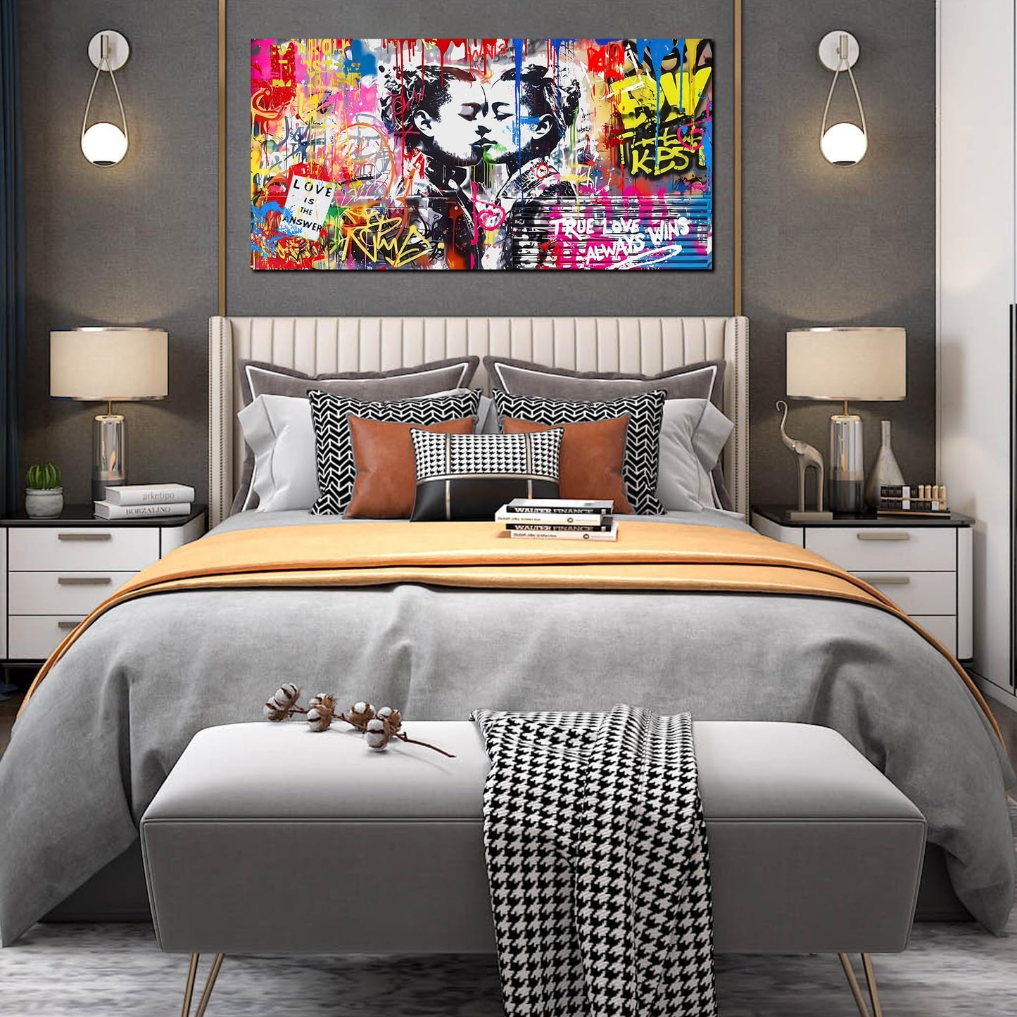 SIXTTART Banksy Canvas Wall-Art for Bedroom - Street Graffiti Wall Art Abstract Painting Pop Art Wall Decor Modern Home Office Decor 14" W x14 H Stretched and Framed Ready to Hang