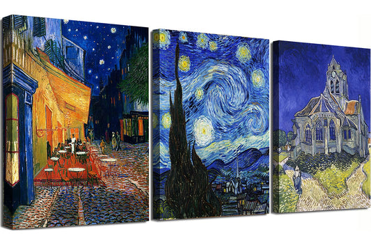 Vincent Van Gogh Canvas Wall Art Paintings, Famous Starry Night Picture Prints for Decor Classic Cafe Terrace At Night Artwork Reproduction Poster for Bedroom Living Room Office Decoration 12"x16"x3 Piece