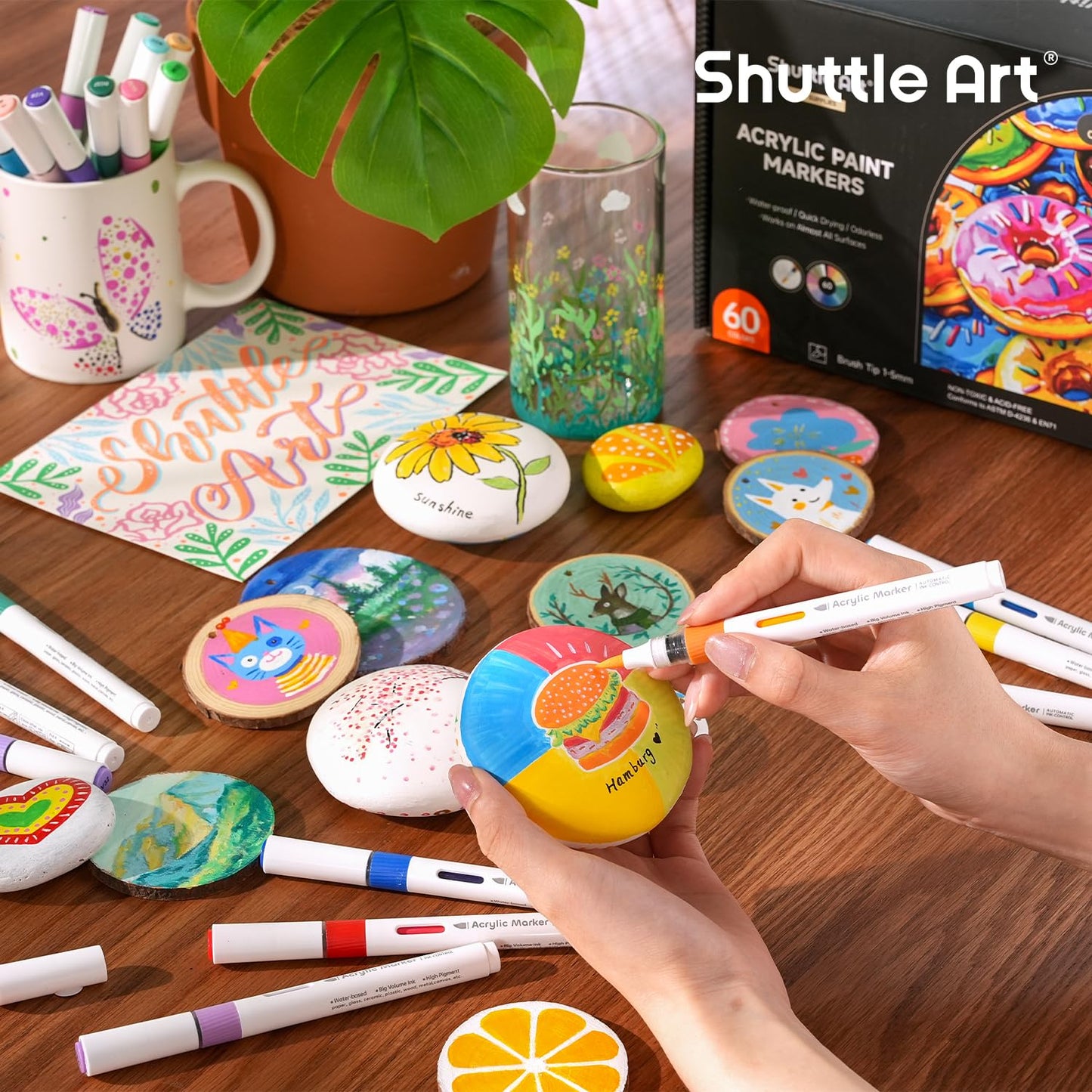 Shuttle Art Automatic Ink Control Acrylic Paint Markers, 60 Colors Brush Tip Acrylic Paint Pens for Rock Painting, Ceramic, Wood, Canvas, Glass, Stone, Fabric, Card Making, DIY & Art Supplies