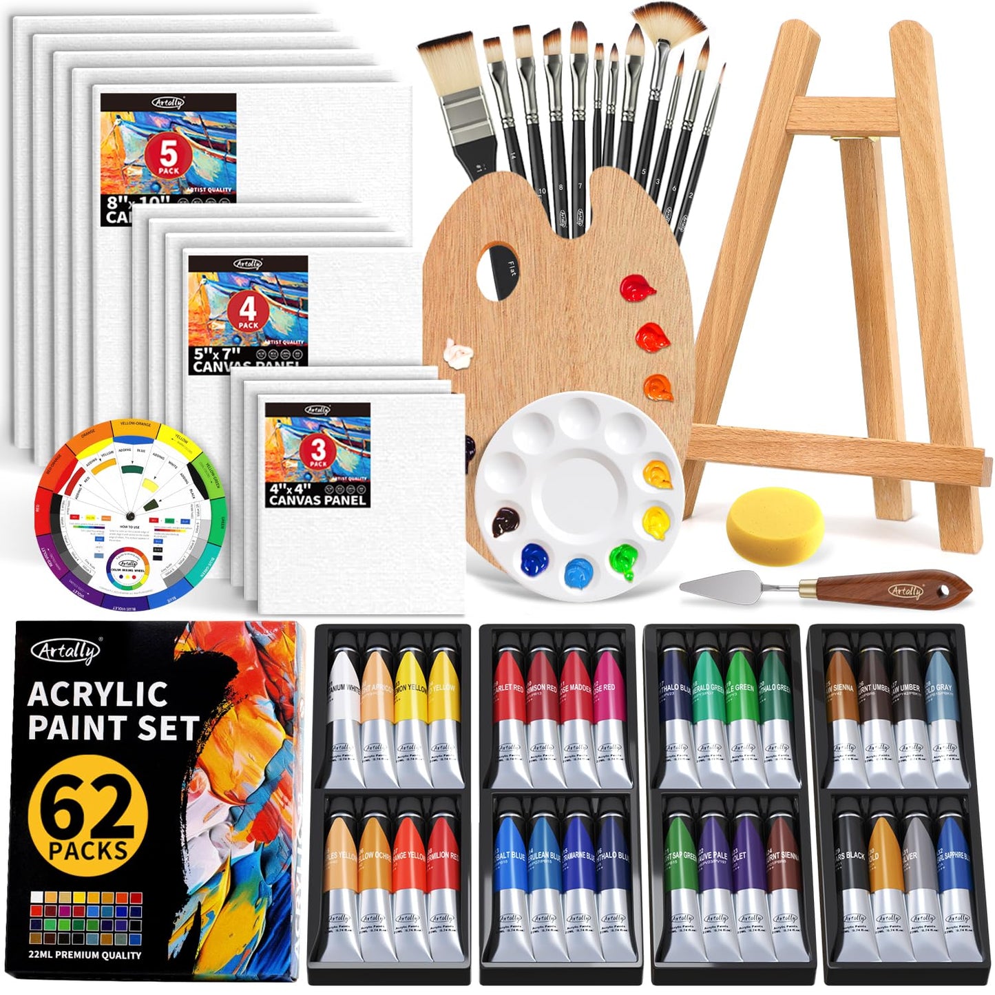 ARTALLY Acrylic Paint Set for Adults & Kids, 62 Pcs Canvas Painting Kits, 32 Colors Acrylic Paint (22ML),Table Easel,Brushes,Canvas, Art Painting Supplies Kit for Students,Artists,Beginners