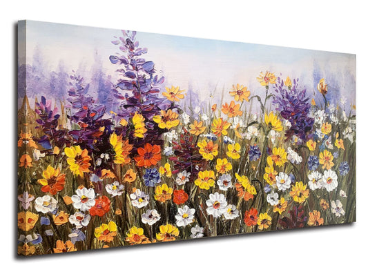 Ardemy Flowers Wall Art Canvas Daisy Colorful 3d Textured Picture Landscape Wildflowers Painting, Purple Yellow Floral Artwork Large Framed for Living Room Bedroom Bathroom Office Home Decor 40"x20"