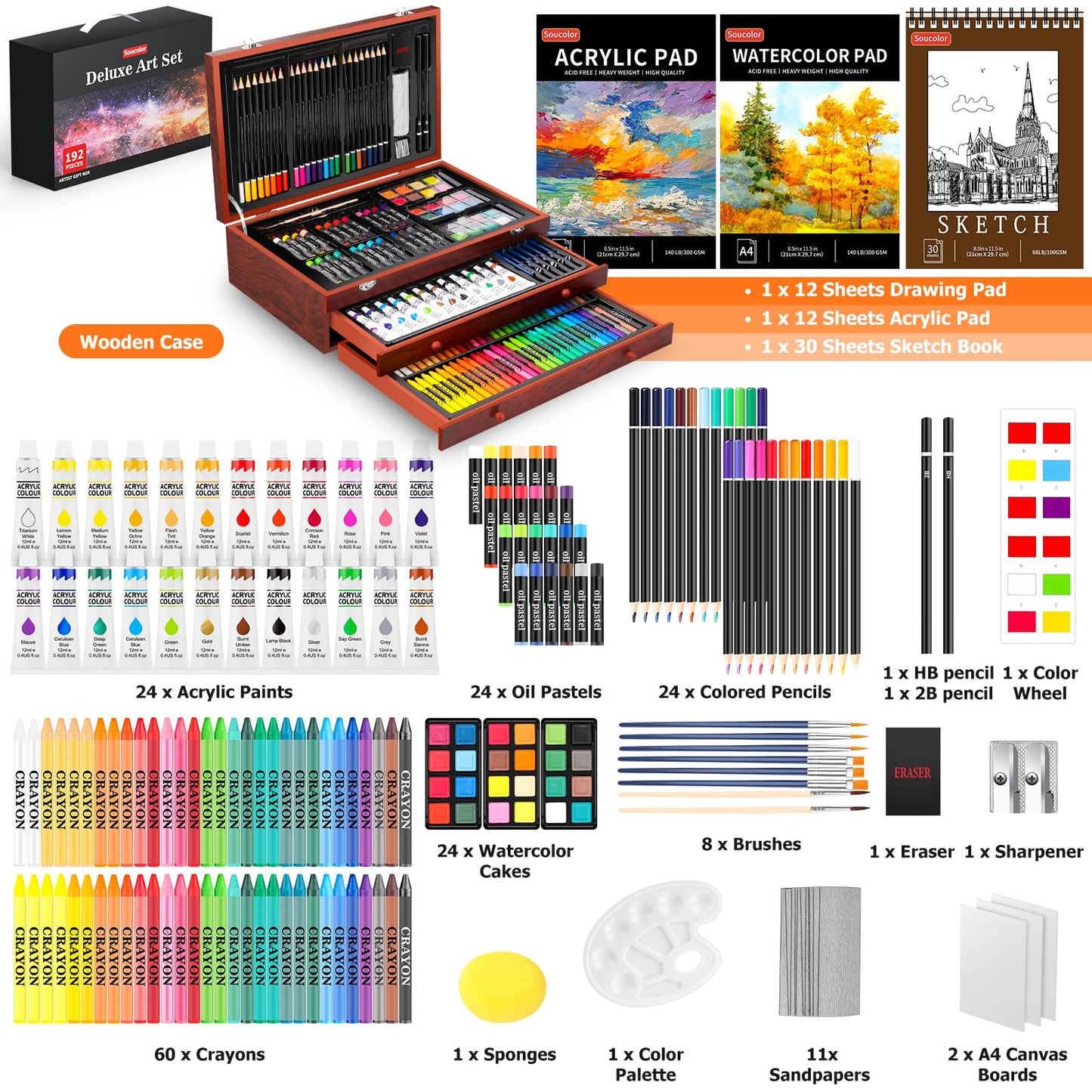 Soucolor Art Supplies, 192-Pack Deluxe Art Set Drawing Painting Supplies Art Kit with Acrylic Pad, Watercolor Pad, Sketch Book, Canvases, Acrylic Paint, Crayons, Pencils, Gifts for Artists Adults Kids