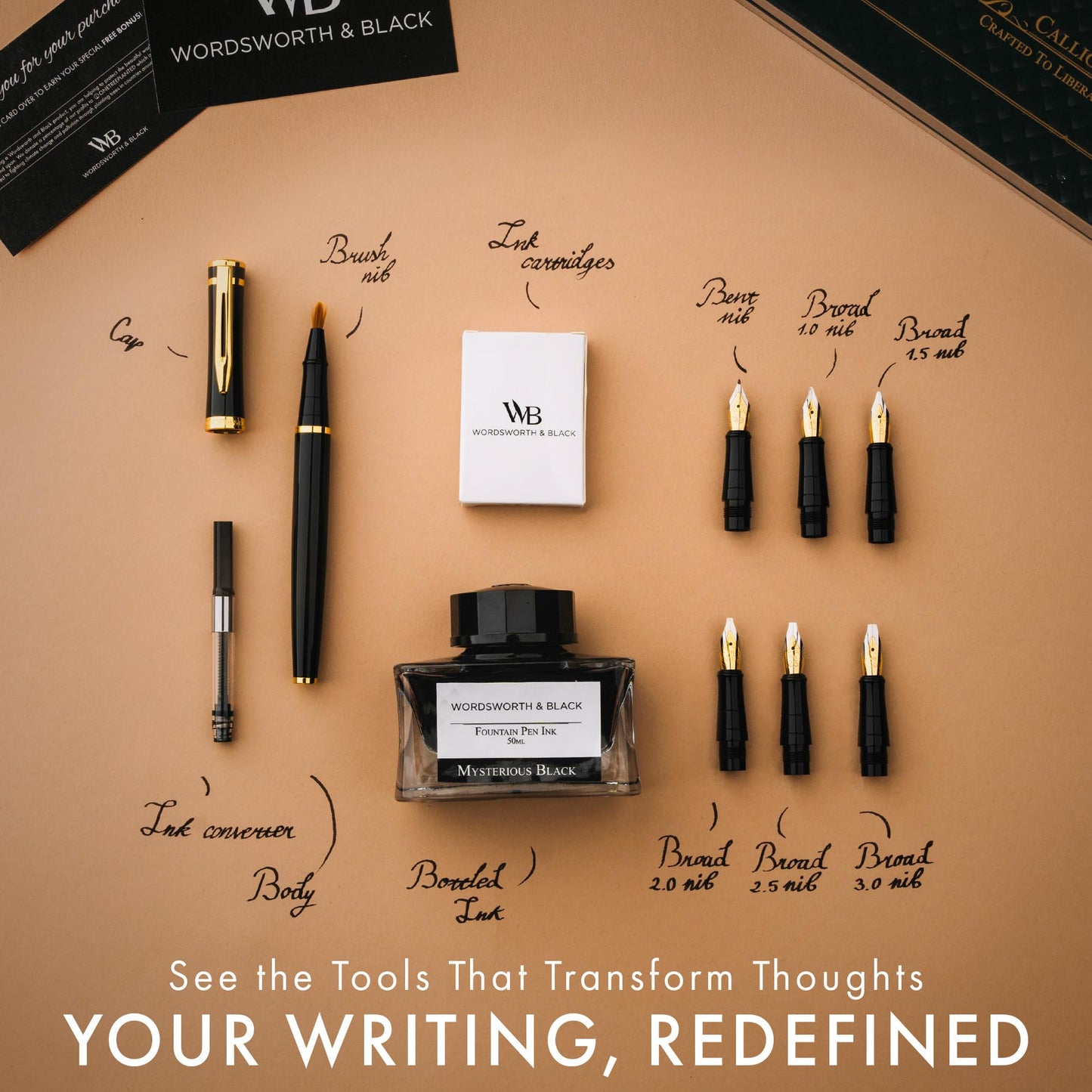 Wordsworth & Black Calligraphy Pen Gift Set, Includes Ink Bottle, 6 Ink Cartridges, Ink Refill Converter, 6 Replacement Nibs, Premium Package, Journaling, Smooth Writing Pens [Black Gold]