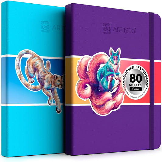 ARTISTO 8.5x11 Premium Hardcover Sketchbook - Pack of 2 (160 Sheets), 125 GSM, Acid-Free Drawing Paper, Hardbound Sketch Pad with Inner Pocket, Elastic Closure, and Bookmark Ribbon