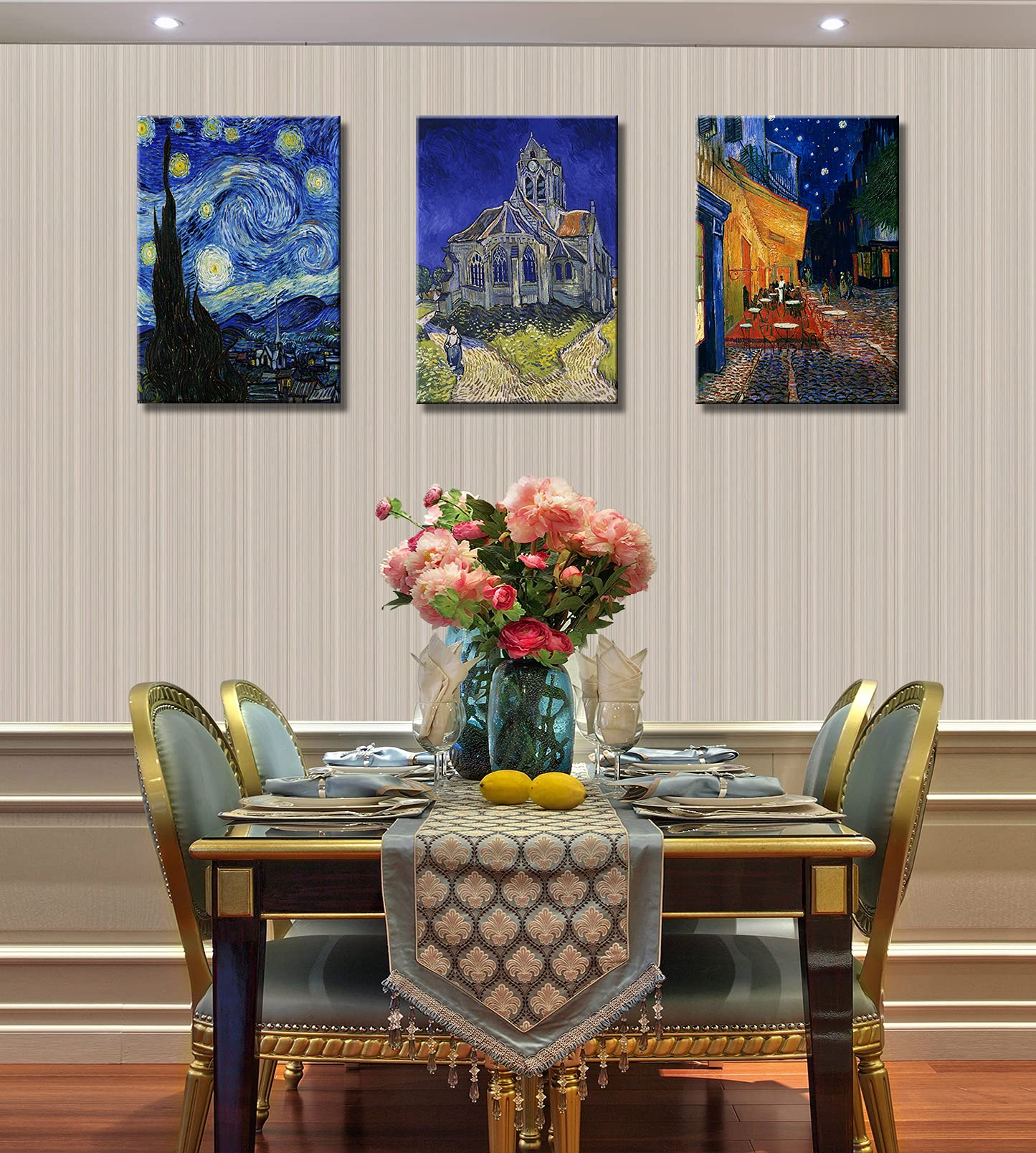 Vincent Van Gogh Canvas Wall Art Paintings, Famous Starry Night Picture Prints for Decor Classic Cafe Terrace At Night Artwork Reproduction Poster for Bedroom Living Room Office Decoration 12"x16"x3 Piece