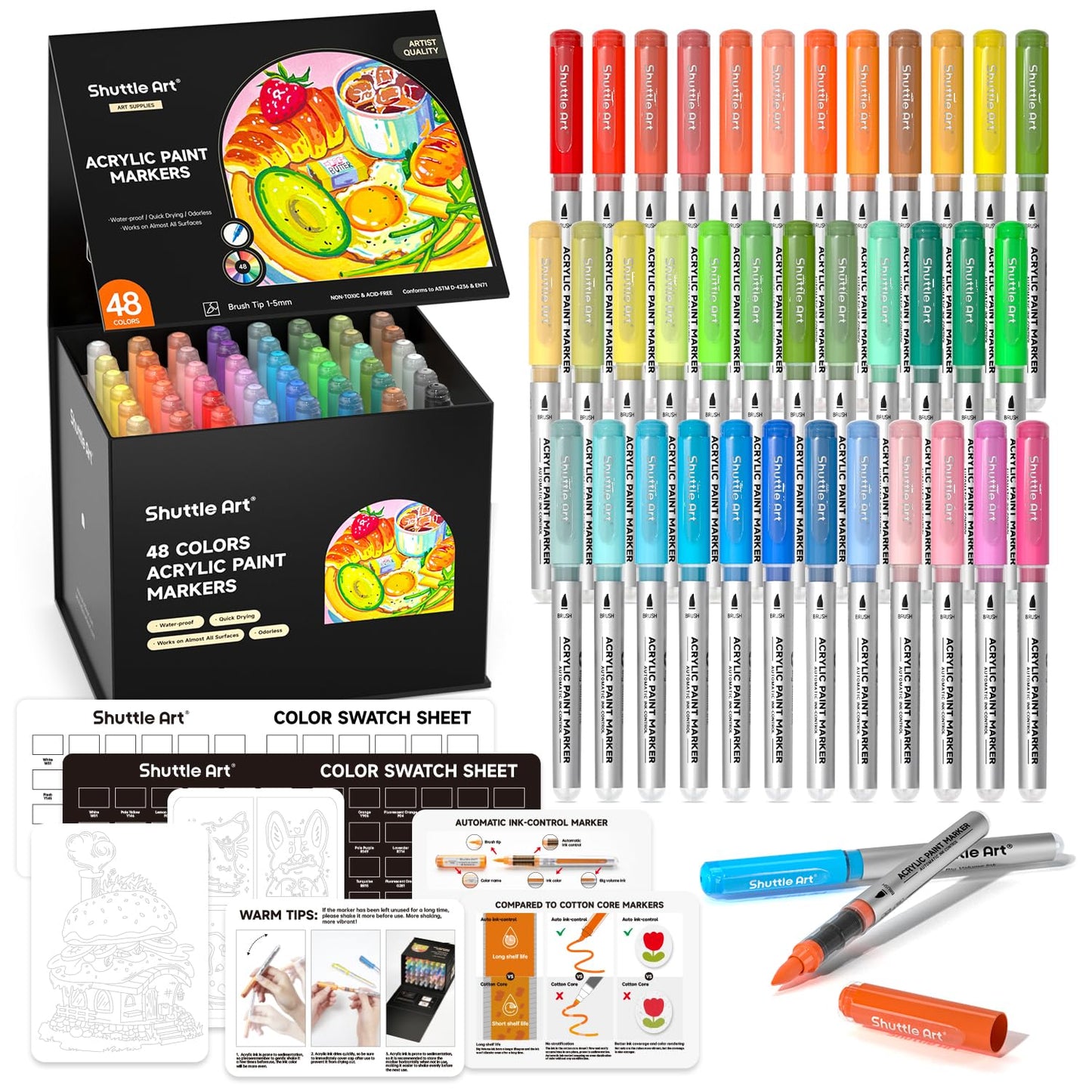 Shuttle Art Automatic Ink Control Acrylic Paint Markers, 60 Colors Brush Tip Acrylic Paint Pens for Rock Painting, Ceramic, Wood, Canvas, Glass, Stone, Fabric, Card Making, DIY & Art Supplies