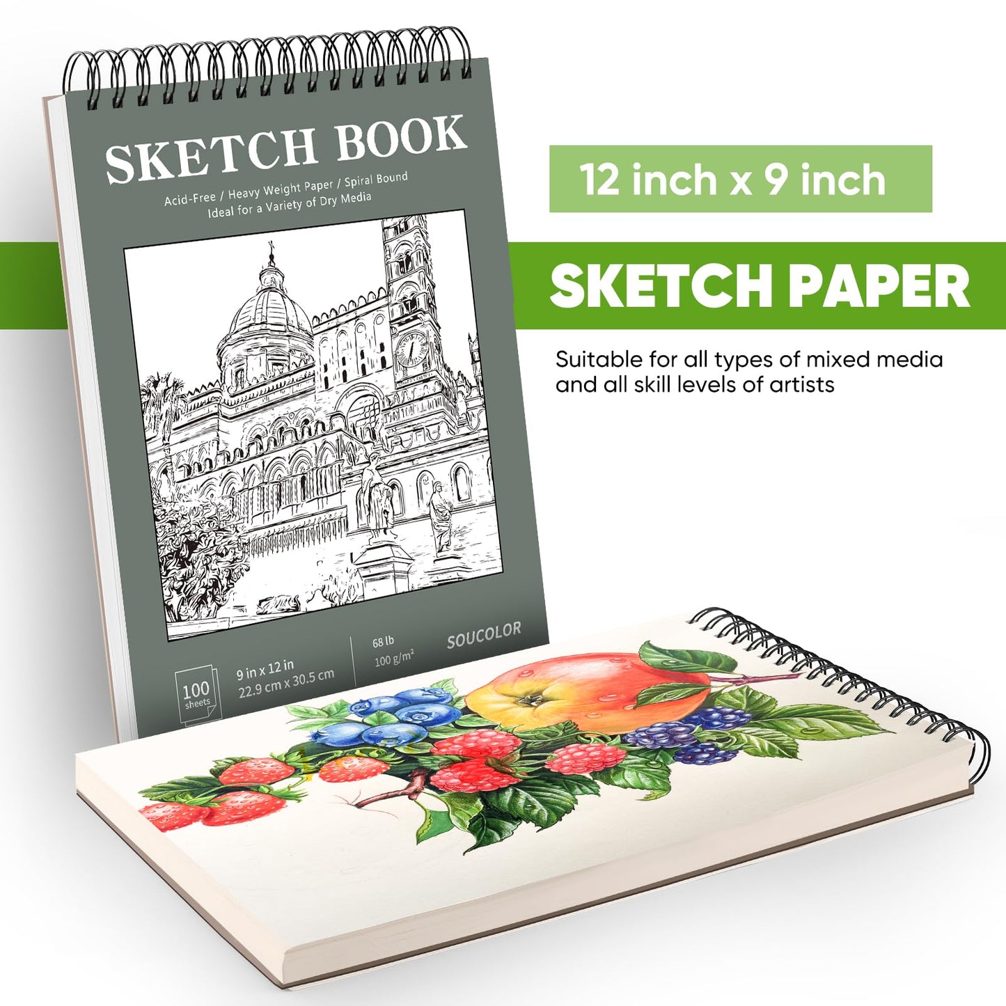 Soucolor 9" x 12" Sketch Book, 1-Pack 100 Sheets Spiral Bound Art Sketchbook, (68lb/100gsm) Acid Free Artist Drawing Book Paper Painting Sketching Pad for Kids Students Adults Beginners