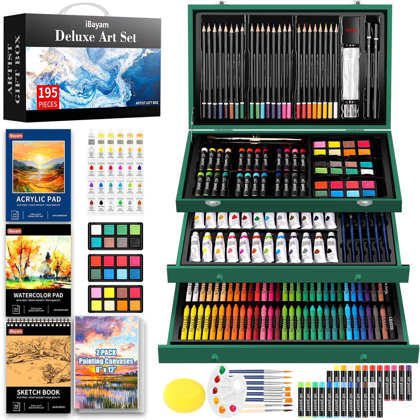 iBayam Deluxe Art Set, 195-Pack Artist Gift Box, Arts and Crafts Drawing Painting Kit Art Supplies for Adults Kids, Art Kits Paint Set with 24 Acrylic Paint, Sketchbook, Canvases, Crayons, Pencils