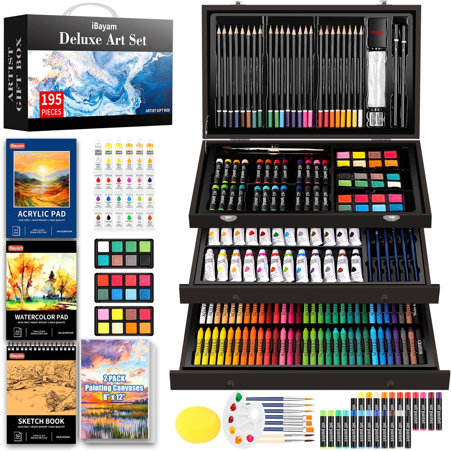 iBayam Deluxe Art Set, 195-Pack Artist Gift Box, Arts and Crafts Drawing Painting Kit Art Supplies for Adults Kids, Art Kits Paint Set with 24 Acrylic Paint, Sketchbook, Canvases, Crayons, Pencils