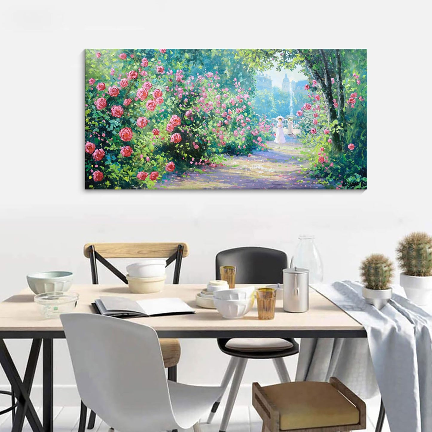 CHATYOUNG Canvas Wall Art Living Room, Blooming Red Roses Manor Landscape Wall Painting Monet Wall Art Green Picture Ready to Hang Bedroom Bathroom Kitchen Home Decor Gifts for Women 20x40 In