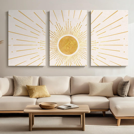 Large Boho Canvas Wall Art for Living Room, Set of 3 Modern Paintings Artwork for Walls, 3 Pieces Bohemian Minimalist Gold Sun Art Prints Pictures for Hallway, Office Wall Decor 24x36 Inch