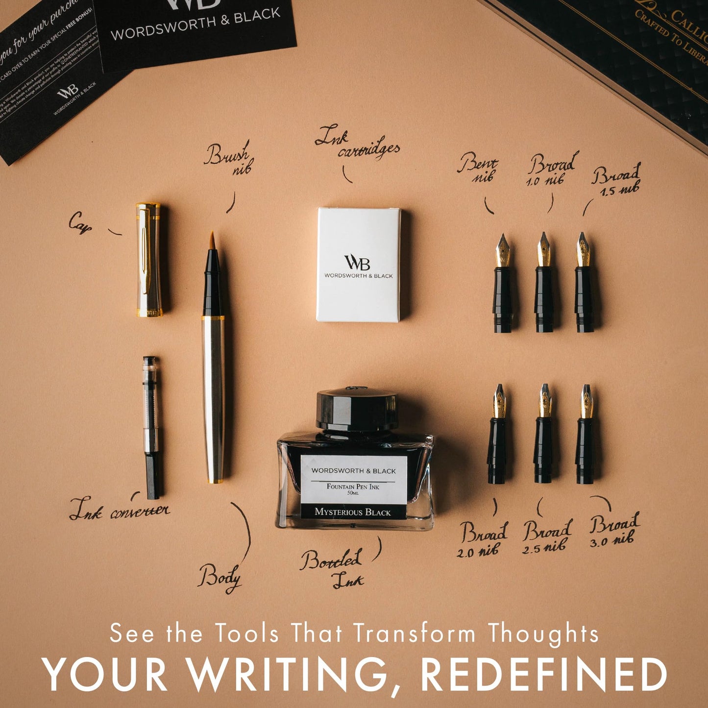 Wordsworth & Black Calligraphy Pen Gift Set, Includes Ink Bottle, 6 Ink Cartridges, Ink Refill Converter, 6 Replacement Nibs, Premium Package, Journaling, Smooth Writing Pens [Black Gold]