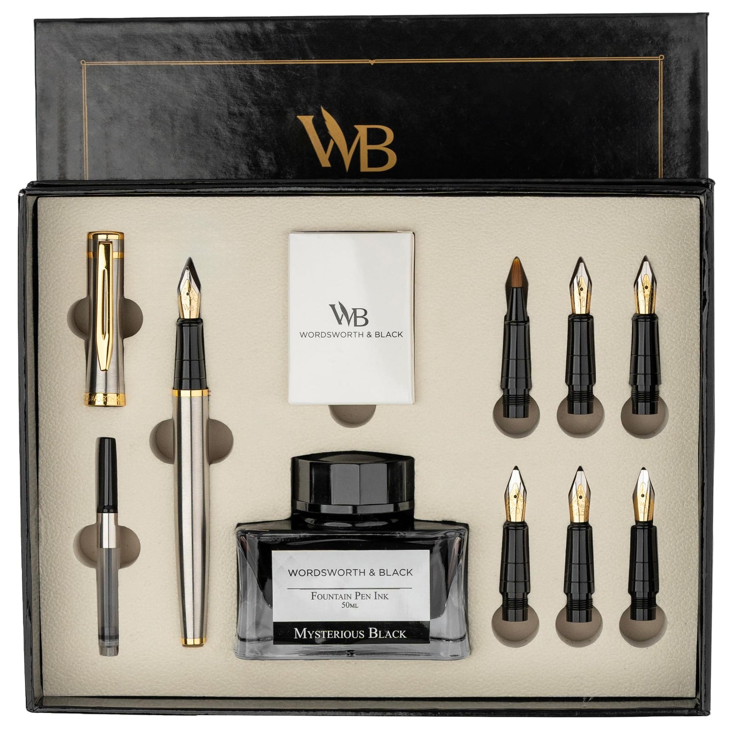 Wordsworth & Black Calligraphy Pen Gift Set, Includes Ink Bottle, 6 Ink Cartridges, Ink Refill Converter, 6 Replacement Nibs, Premium Package, Journaling, Smooth Writing Pens [Black Gold]