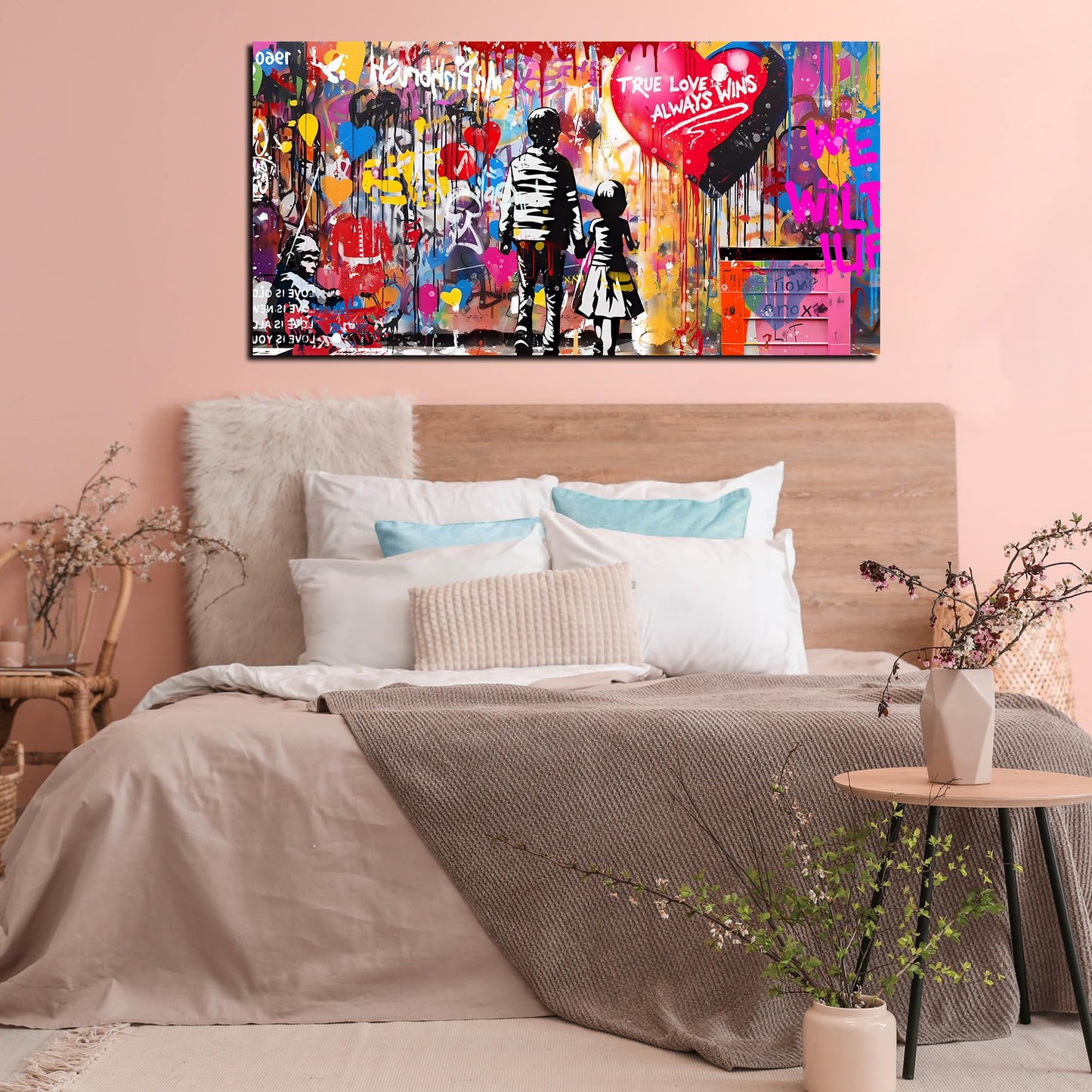 SIXTTART Banksy Canvas Wall-Art for Bedroom - Street Graffiti Wall Art Abstract Painting Pop Art Wall Decor Modern Home Office Decor 14" W x14 H Stretched and Framed Ready to Hang