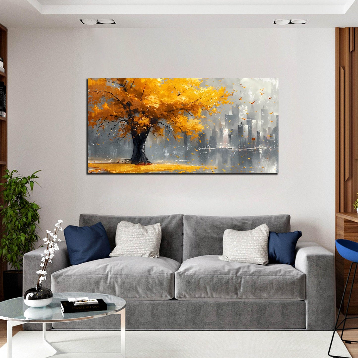 Large Canvas Wall Art for Living Room Gold and Yellow Tree Deer Forest Landscape Picture Framed Canvas Prints Modern Wall Art for Bedroom Office Size 20x40