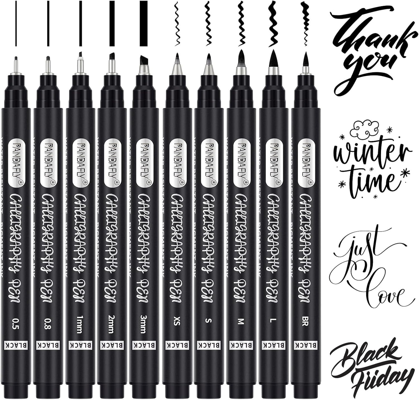 PANDAFLY Calligraphy Pen, 10 Size Calligraphy Pens for Writing, Brush Pens Calligraphy Set for Beginners, Hand Lettering Pen for Art Drawing, Sketching, Scrapbooking