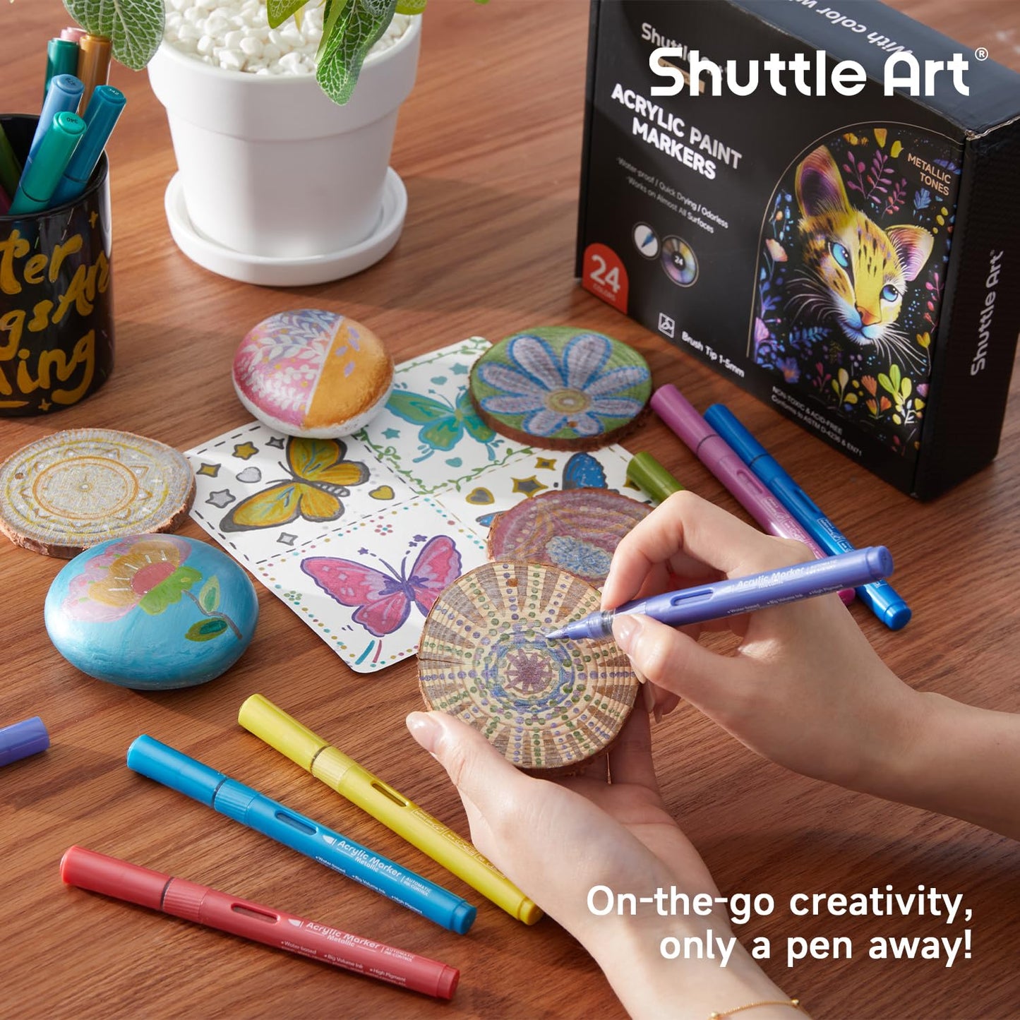 Shuttle Art Automatic Ink Control Acrylic Paint Markers, 60 Colors Brush Tip Acrylic Paint Pens for Rock Painting, Ceramic, Wood, Canvas, Glass, Stone, Fabric, Card Making, DIY & Art Supplies