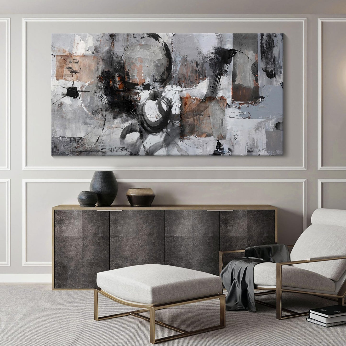 Large Abstract Wall Art - Gray and Black Modern Canvas Wall artwork, Framed Room Wall Decor for Living Room, Bedroom, and Office, Aesthetic Bedroom Wall Art Above Bed, Office Decorations for Work